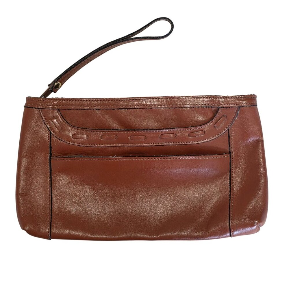 Vtg Cognac Brown Leather Wristlet Bag Clutch Boho 70s Classic Money Preppy Rusti